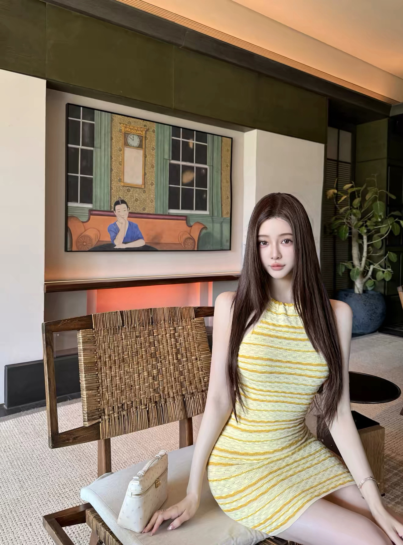 한 비 지아 c lt gaia erina 시리즈 황색 스트라이프 행침 목 백리스 허리 수축 타이트 스커트 니트 드레스