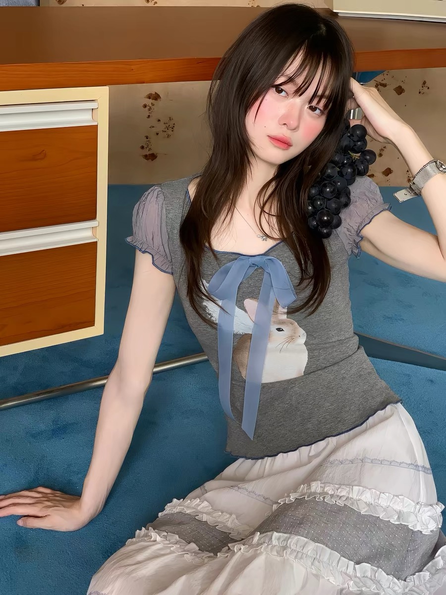 다우 시시 주간 멩 토끼 연인 달콤함 나비 매듭 리본 밝은 회색 토끼 프린트 여름 캐주얼 라운드 넥 티셔츠