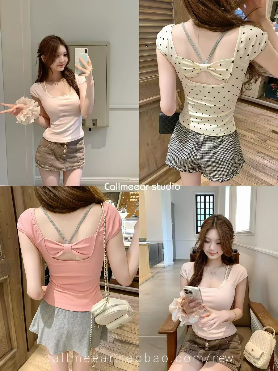 callmeear 배색 페이크 레이어드 티셔츠 긍정적 인 어깨 반팔 티셔츠 여성 여름 몸매 가꾸기 반소매 맨위