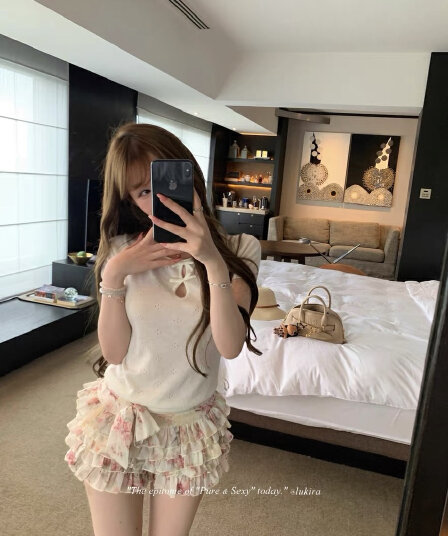 lukira 빛 연 여름 라운드 넥 나비 매듭 홀로우 아웃 자카드 니트 반팔 티셔츠 여성 여름 슬림해 보이는 맨위