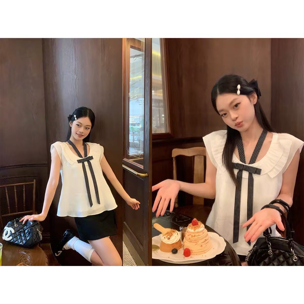 BY26035# 宋正恩白色蝴蝶结短袖衬衫女夏季新款韩系设计宽松小飞袖上衣衬衣 服裝批發女裝批發服飾貨源