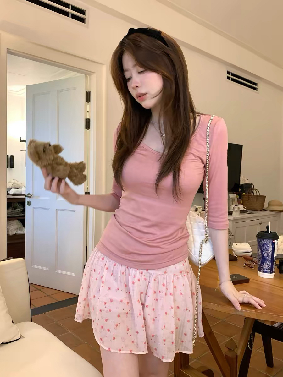 ptonumi 푸켓 정원 핑크색 꽃무늬 반신 스커트 여성 여름 루즈핏 A라인 스커트 다용도 슬림해 보이는 짧은 치마
