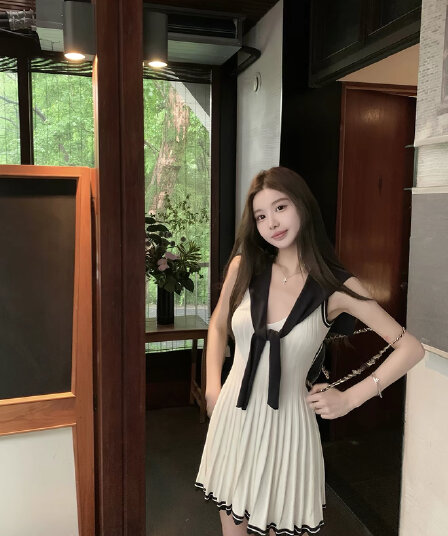 치우 고기 야오 miu 부서 사설 서비스 느슨함 한 부서 통기성 배색 숄 드레스 투피스 세트 여름 드레스