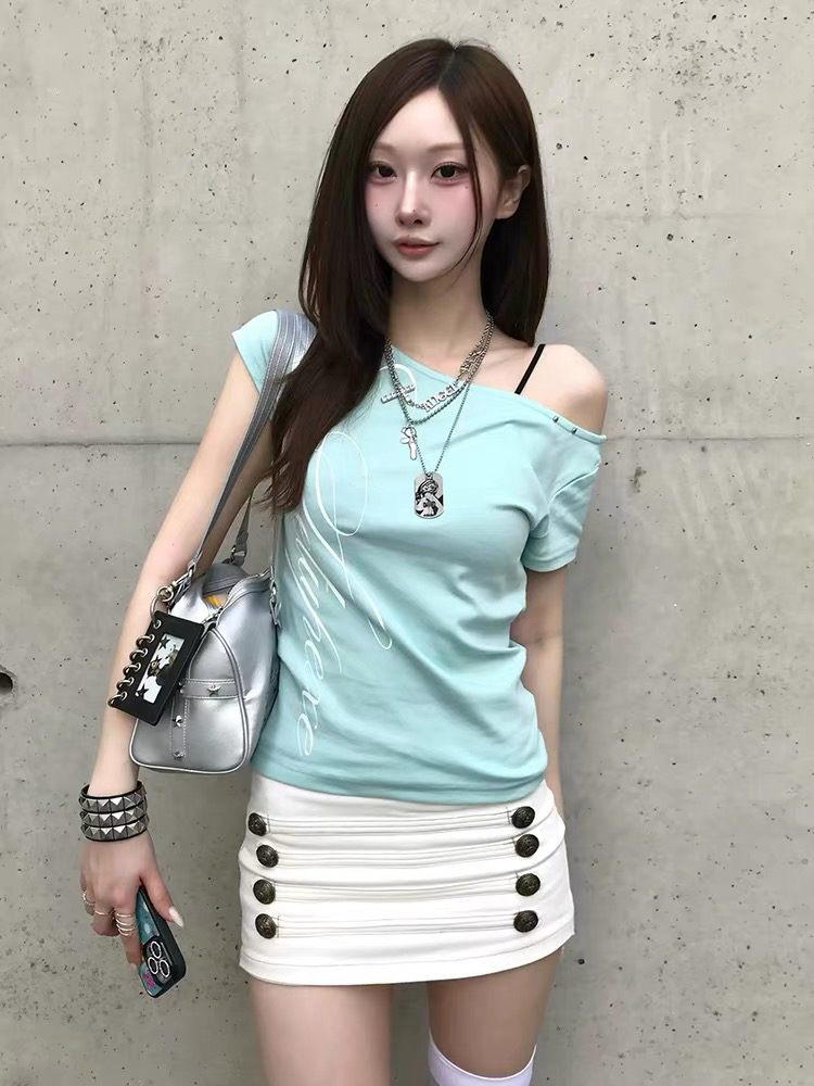 set 박하 녹색 레이스 백리스 십자가 알파벳 프린트 비스듬한 어깨 몸매 가꾸기 반팔 티셔츠