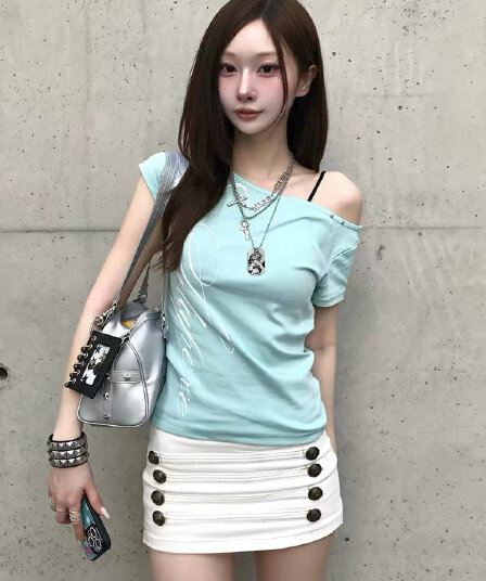 set 박하 녹색 레이스 백리스 십자가 알파벳 프린트 비스듬한 어깨 몸매 가꾸기 반팔 티셔츠