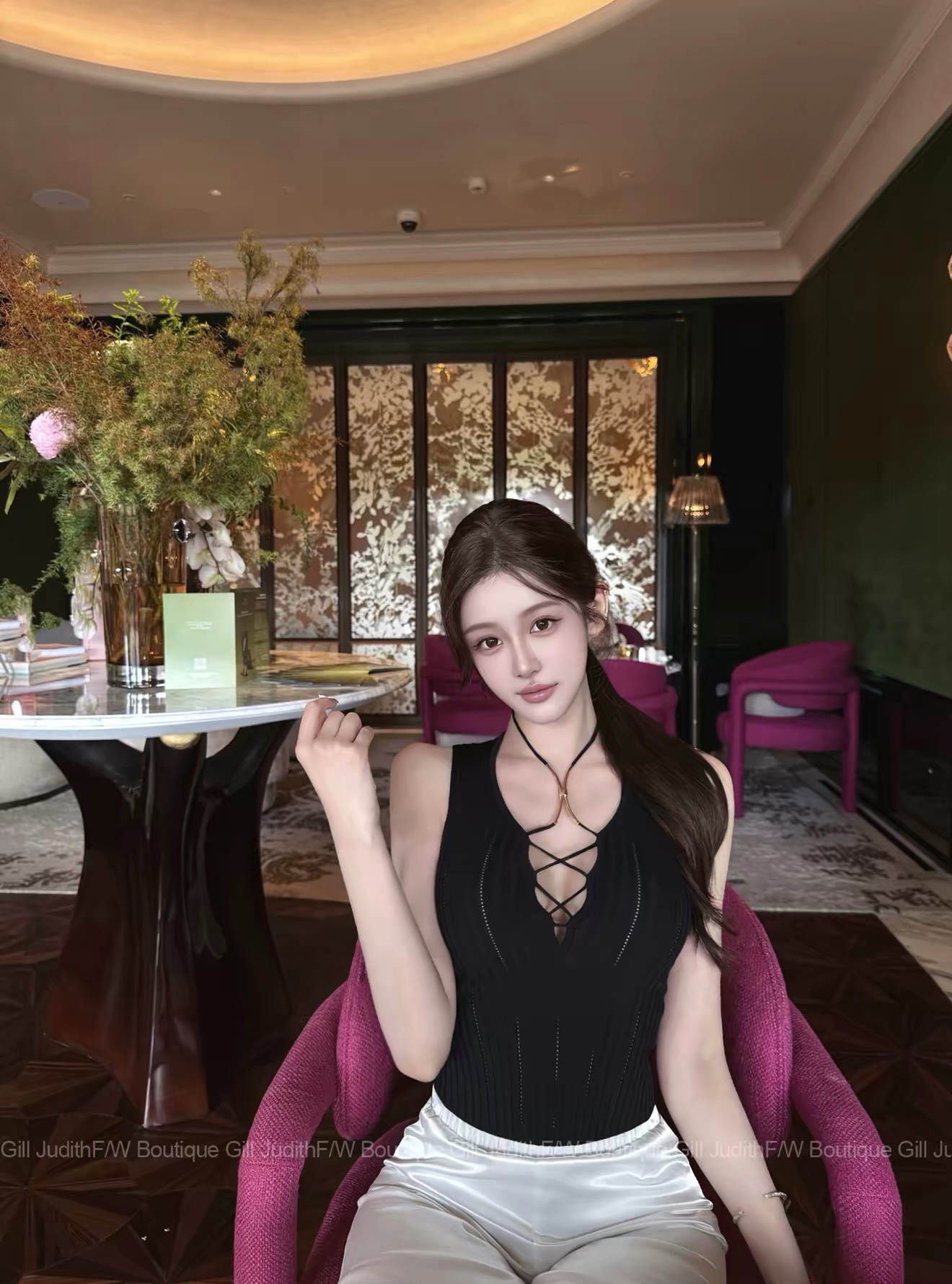 한 비 지아 c lyn b. 깊은 V 넥 십자가 행침 목 레이스업 홀로우 아웃 니트 맨위