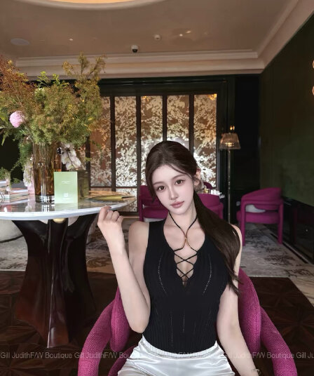 한 비 지아 c lyn b. 깊은 V 넥 십자가 행침 목 레이스업 홀로우 아웃 니트 맨위