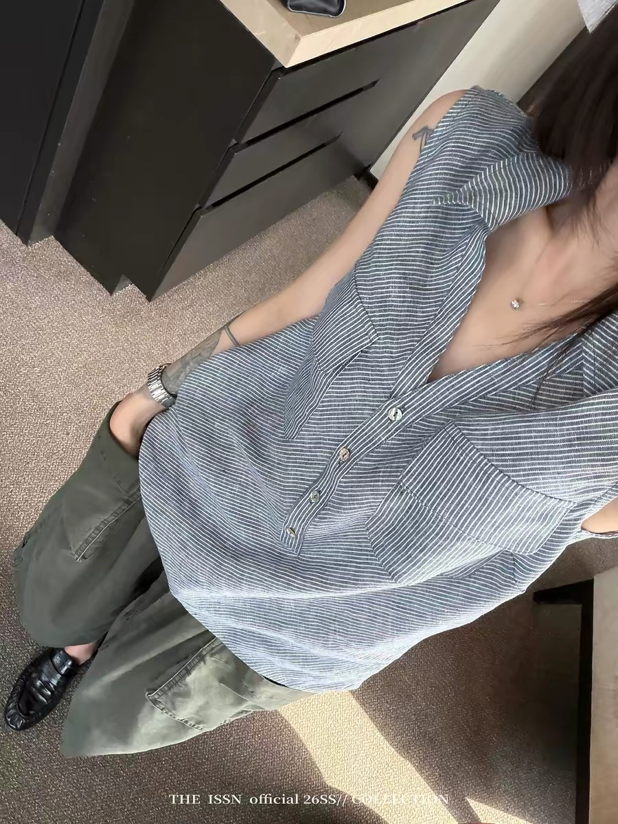 닝 부문 아마 배색 폴로 칼라 스트라이프 민소매 조끼 여성 여름 한 부서 루즈핏 슬림해 보이는 캐주얼 맨위