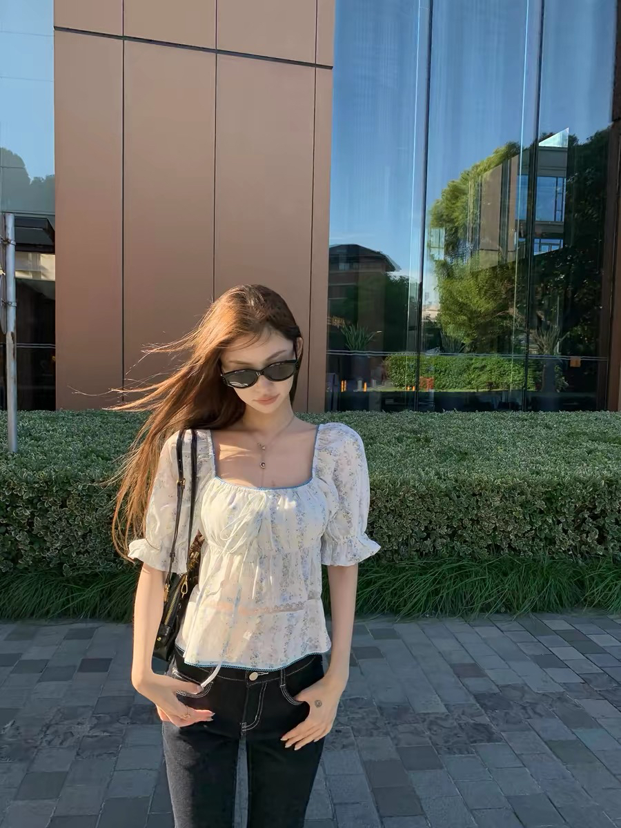 paosweet 프랑스식 자카드 광장 칼라 작은 셔츠 레트로 거품 소매 표지 고기 허리 수축 부드러운 맨위 작은 셔츠