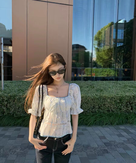 paosweet 프랑스식 자카드 광장 칼라 작은 셔츠 레트로 거품 소매 표지 고기 허리 수축 부드러운 맨위 작은 셔츠
