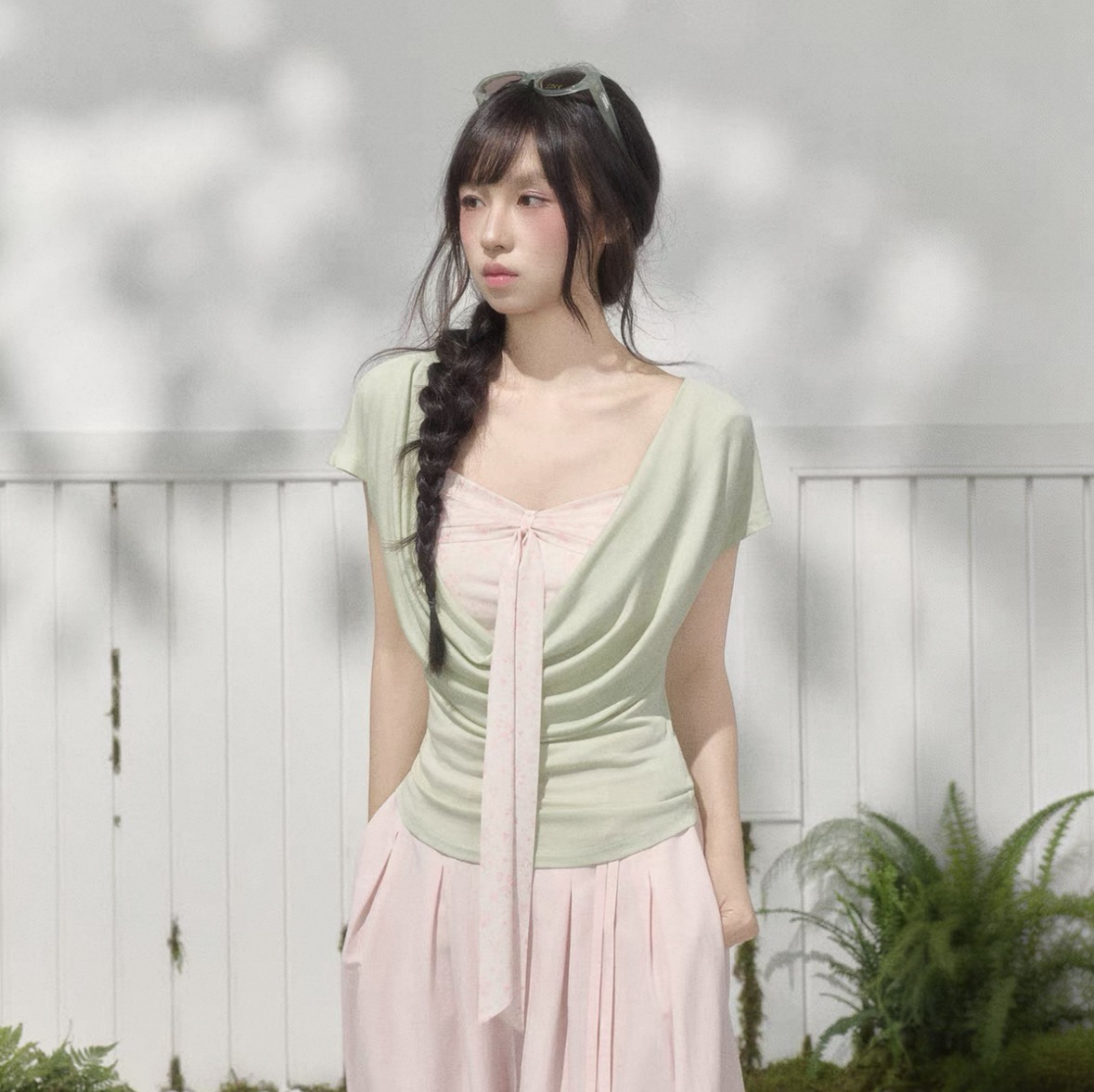 umoumo 우 버섯 여름 라이 경기 서울 흔들다 칼라 사실 투피스 세트 꽃무늬 패치워크 티셔츠 도루 센스 통기성 레이스업 반팔