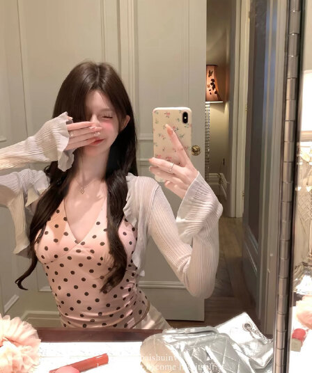 화이트 워터 여성 黛 리 미스 V넥 도트 무늬 캐미솔 여름 질감 오픈 가디건 낭만적 인 기질 순수한 욕망 맨위