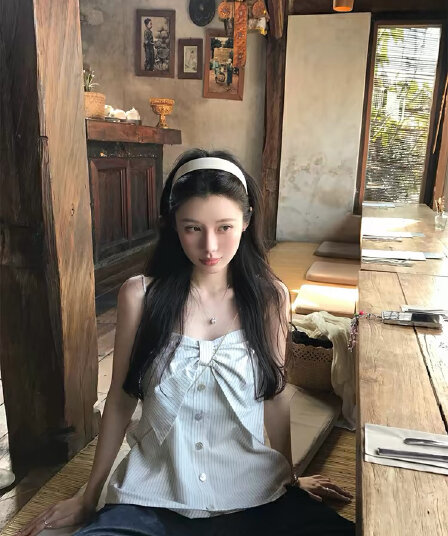 vasse 아름다움 게 신선함 나비 매듭 리넨 면화 스트라이프 슬립 여성 여름 분위기 센스 통기성 슬림해 보이는 맨위