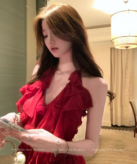 yoli 장 宥 이익 마그 리 빨간색 장미 빨간색 V넥 시폰 셔츠 여성 여름 레트로 항구 바람 다용도 슬림해 보이는 맨위