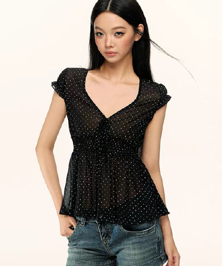 nova basics 천년기 레트로 작은 도트 무늬 하이웨이스트 명중 가져 가라. 단층 가벼움 고대 조기 맛 작은 셔츠 여성