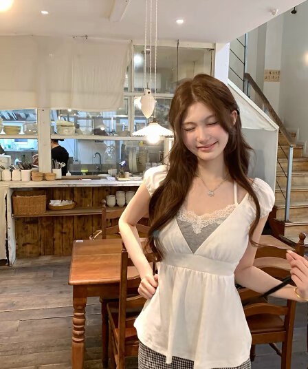 callmeear 한 새싹 부서 소녀 패치워크 디자인 거품 소매 행침 목 맨위 여성 여름 허리 수축 슬림해 보이는