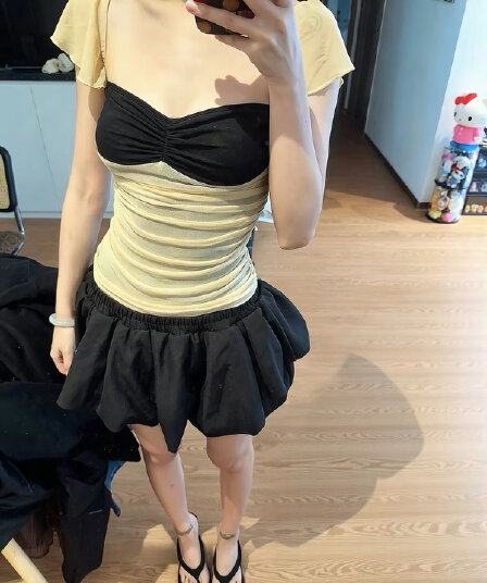 ruanrui 아몬드 Tulle 패치워크 배색 망사 작은 날다 소매 발레 바람 ins 펌프 Pleat 신축성 슬립 맨위