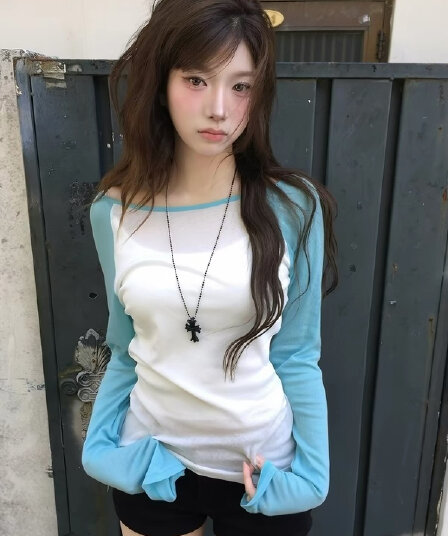한국 modimood 한 부서 얇고 가벼운 미니멀리즘 배색 반팔 비스듬한 어깨 티셔츠 얇은 색상 맨위 여성
