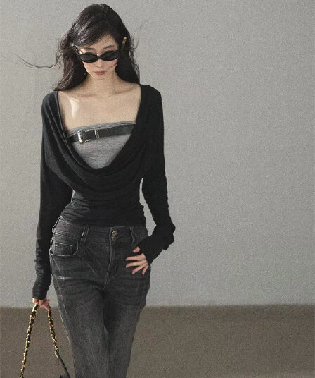 aomalm 덜 또한 눈 雾霭 침수 ~ 중 쇼어 다시 a 다시 바람의 소리 페이크 레이어드 흔들다 칼라 티셔츠 여성 가을 쇼트 스타일 맨위