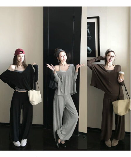 free 느슨함 주간 접시 걷기 시리즈 양성 및 음성 둘 착용 V넥 긴팔 블라우스 조끼 배기 바지 캐주얼 세트