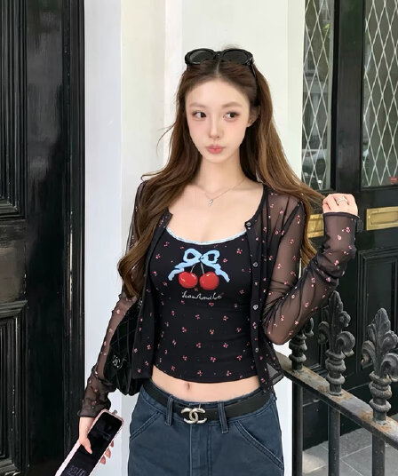 체리 프린트 슬립 꽃무늬 시스루 망사 오픈 가디건 두 조각 여성 세트 달콤한 스타일 쇼트 스타일 슬림해 보이는 소녀 세트