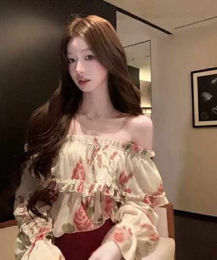 yoli 장 宥 이익 열정적 인 순간 장미 오프숄더 시폰 셔츠 여성 가을 레트로 루즈핏 슬림해 보이는 맨위
