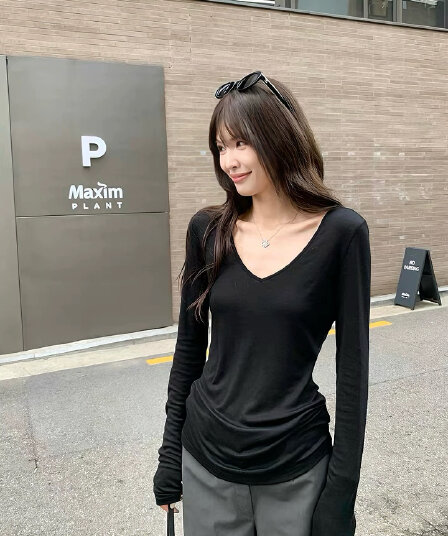 xzichic 라이 경기 서울 V넥 다용도 긴팔 티셔츠 여성 뜨개질 슬림해 보이는 기본 셔츠 여성 가을 새로운
