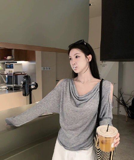 우 77 회색 흔들다 칼라 홀로우 아웃 오프숄더 긴팔 자외선 차단 티셔츠 여성 여름 한국 스타일 디자인 센스 허리 수축 슬림해 보이는 맨위