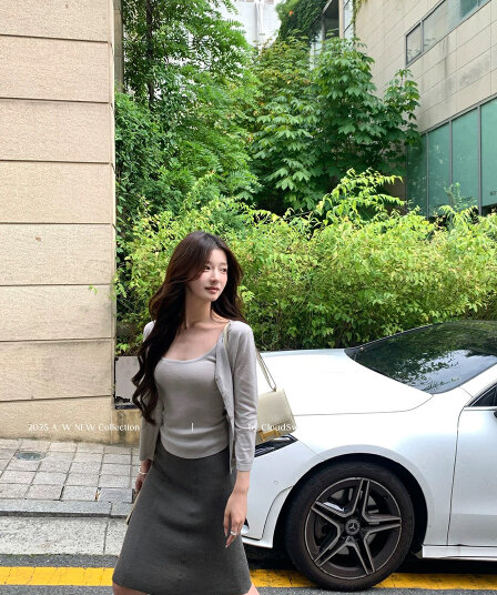 cloudsweet 흰 구름 달콤한 지능 wool 회색 니트 오픈 가디건 여성 슬립 맨위 몸매 가꾸기 반 스커트 세트
