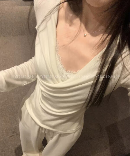 yolo shop 주간 실크 양모 레이스 페이크 레이어드 흔들다 칼라 긴팔 맨위 고급 품격 V넥 인사이드 가져 가라. 만나는