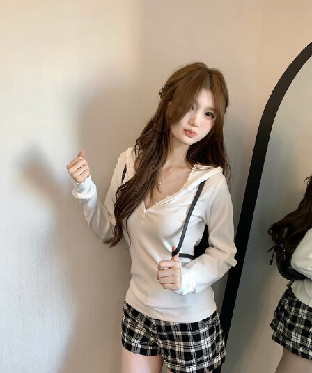 callmeear 후드 긴 소매 티셔츠 기초 다용도 긴팔 티셔츠 여성 이른 가을 캐주얼 맨위