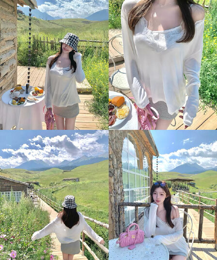 화이트 워터 여성 부드러운 레이스 t 라이 경기 서울 V넥 티셔츠 레이스 캐미솔 부드러운 순수한 욕망 슬림해 보이는 세트 그룹