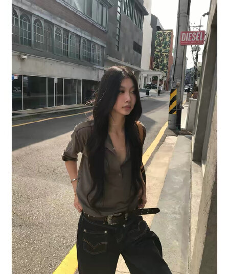 차가운 가죽 itspipi 暮 회색 브라운 느긋한 센스 폴로 칼라 맨위 여성 루즈핏 슬림해 보이는 긴팔 커피 색상 캐주얼 셔츠