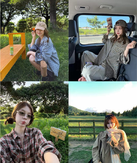 im ~까지 체크무늬 메모장 레트로 폴로 칼라 루즈핏 체크무늬 여성 셔츠 슬림해 보이는 여성 다용도 긴팔 맨위