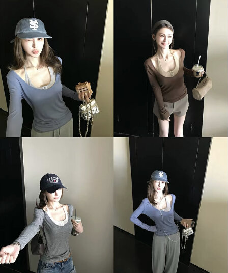 skk store 서울 이른 가을 150g 주간 실크 양모 V넥 페이크 레이어드 긴팔 티셔츠 루즈핏 캐주얼 맨위
