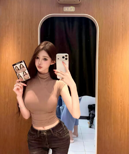 cher 챠오어 soft layer 반하이넥 티셔츠 여성 한 부서 작은 날다 소매 몸매 가꾸기 인사이드 가져 가라. 만나는 맨위