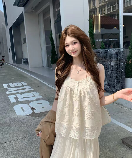 callmeear 달콤한 새싹 诗行 레이스 레이스 캐미솔 이른 가을 루즈핏 순수한 욕망 맨위