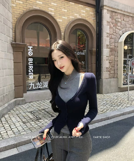 farte shop 서울 유럽 니켈 회색 조끼 V넥 파란색 오픈 가디건 두 조각 여성 세트 봄 가을 맨위