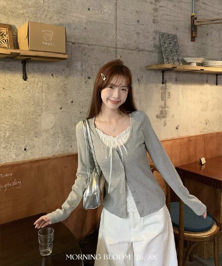 morning bloom 도트 무늬 레이스업 페이크 레이어드 긴팔 티셔츠 여성 가을 새로운 한 부서 착용 가져 가라. 달콤함 맨위