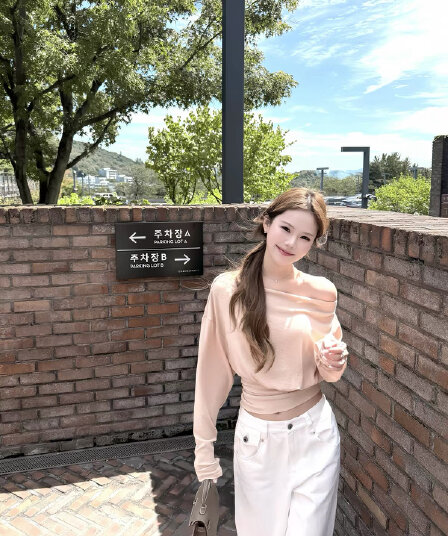 yookson 산소 유럽 니켈 부드러운 폭탄 주간 실크 양모 비스듬한 어깨 오프숄더 둘 착용 허리 수축 슬림해 보이는 긴팔 티셔츠
