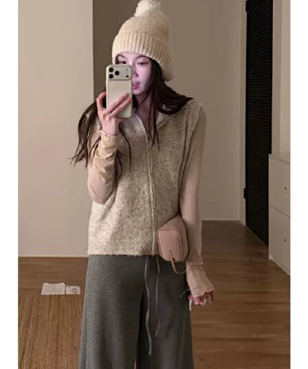 가을 겨울철 새로운 한 부서 후드 스웨터 조끼 여자 작은 대중 튀김 거리 고급 센스 재킷 느슨함 센스 슬림해 보이는 맨위