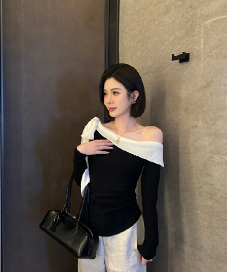 yerunlu 프랑스식 Chic 나비 넥타이 오프숄더 니트 맨위 여성 가을 새로운 인사이드 가져 가라. 기본 셔츠