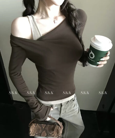 흑단 떠 다니는 차 이른 가을 조금 작은 디자인 편안함 선택 주간 실크 양모 페이크 레이어드 오프숄더 긴팔 기본 셔츠