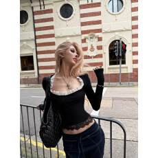 批发Withlynlyn大聋 暮光之城荷叶边拼接长袖T恤蕾丝花边方领打底衫女