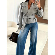批发欧美跨境宽松显瘦<b class='q'>西服</b>领外套女26早春新款双排扣腰带风衣短款