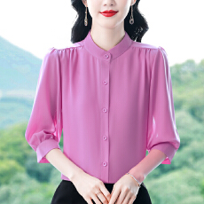 批发实拍2026春夏季新款洋气女士七分袖衬衫<b class='q'>百搭</b>桑蚕丝上衣