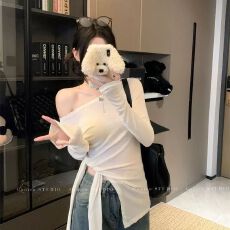批发辣妹白色斜肩长袖T恤女装秋季设计感开叉绑带不规则修身露肩<b class='q'>上衣</b>