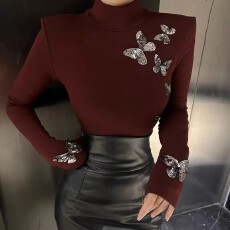 批发法式新款时尚修身显瘦轻奢风蝴蝶活力感黑色显气质高领<b class='q'>小衫</b>