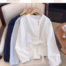 批发韩系气质长袖<b class='q'>衬衫女</b>春秋蝴蝶结绑带别致衬衣不规则设计独特上衣