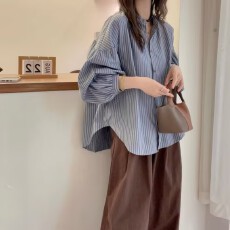 批发2026春秋<b class='q'>条纹</b>灯笼袖宽松百搭<b class='q'>衬衫</b>休闲小外套显瘦气质立领上衣女潮
